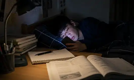 방 안은 어둡고 스마트폰 불빛만 얼굴을 비추고 있으며 책상에는 펼쳐진 교과서와 숙제가 놓여 있음.