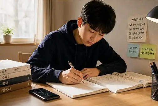 학생이 공부하는 책상 위에 스마트폰이 놓여 있지만 사용하지 않고 집중해서 공부하는 모습