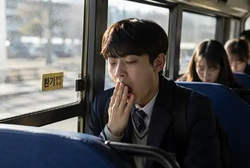 피곤한 표정의 학생이 버스 창가에 앉아 하품하는 모습
